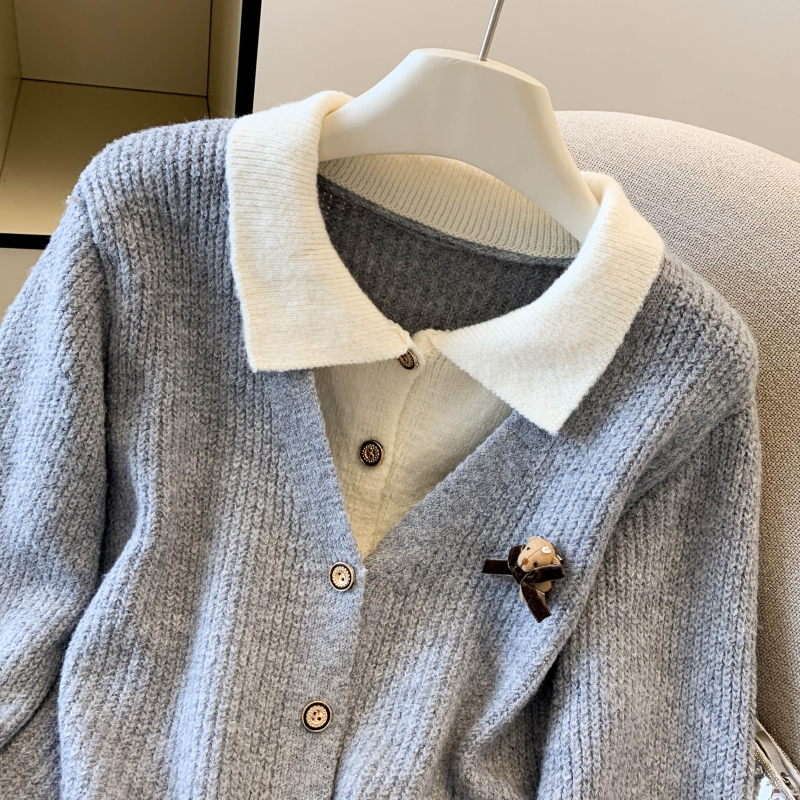 Western style lapel cardigan knitted coat for women
