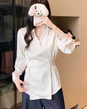 Apricot temperament chiffon shirt pinched waist shirt