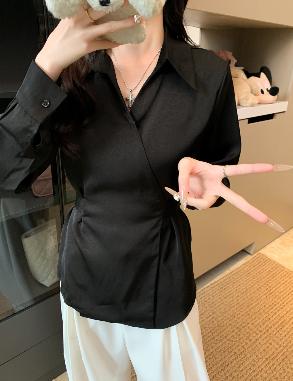 Apricot temperament chiffon shirt pinched waist shirt