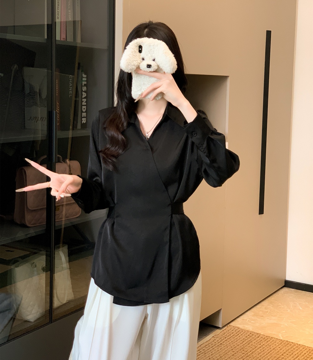 Apricot temperament chiffon shirt pinched waist shirt