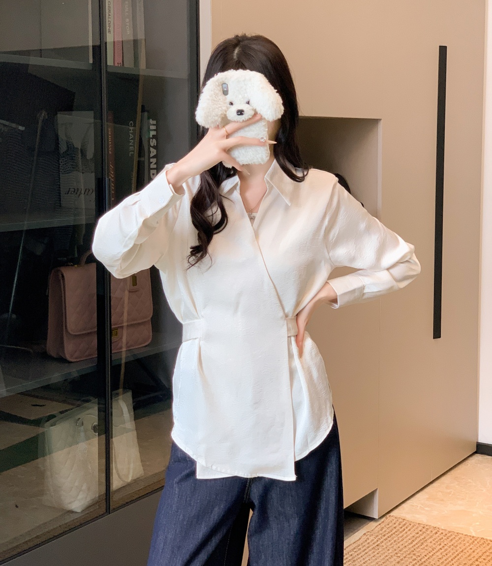 Apricot temperament chiffon shirt pinched waist shirt