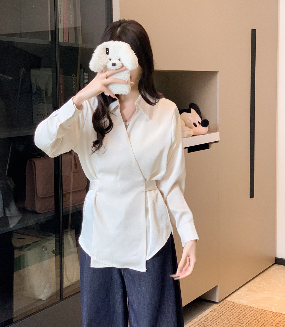 Apricot temperament chiffon shirt pinched waist shirt