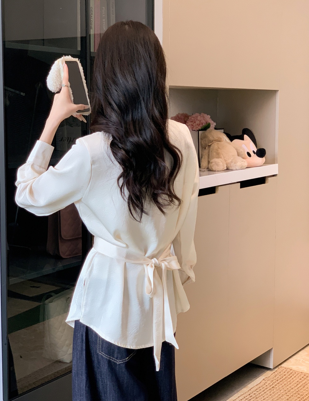 Apricot temperament chiffon shirt pinched waist shirt