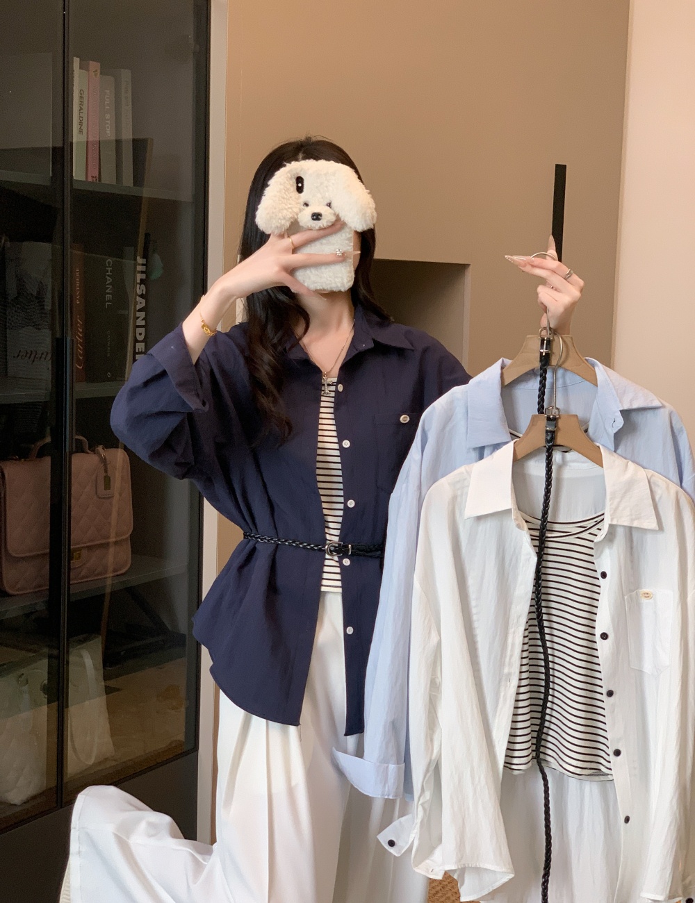 All-match long belt simple autumn shirt 3pcs set