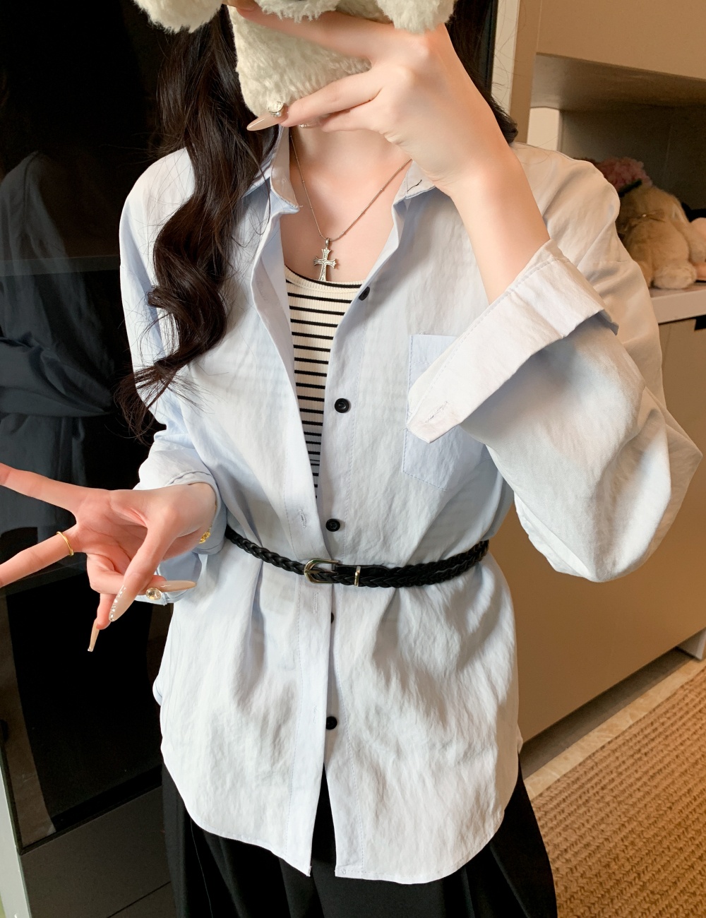 All-match long belt simple autumn shirt 3pcs set