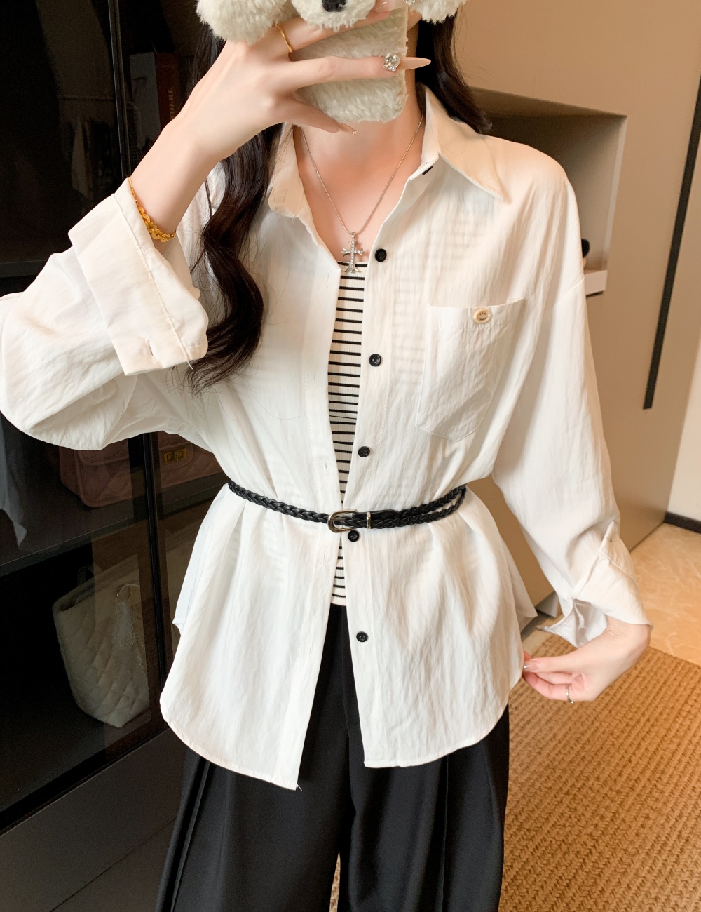 All-match long belt simple autumn shirt 3pcs set