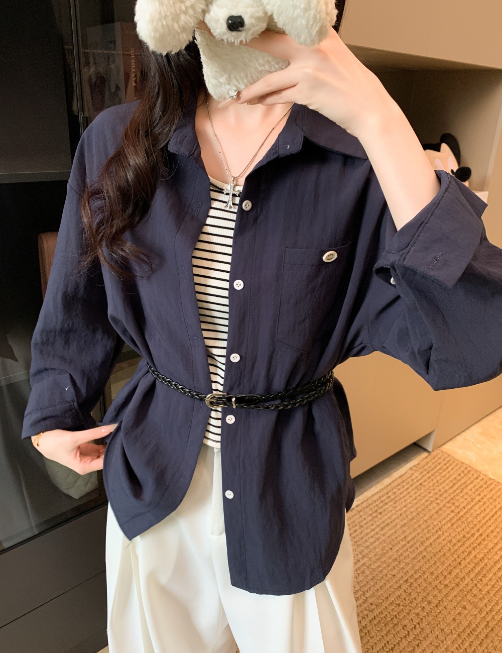 All-match long belt simple autumn shirt 3pcs set