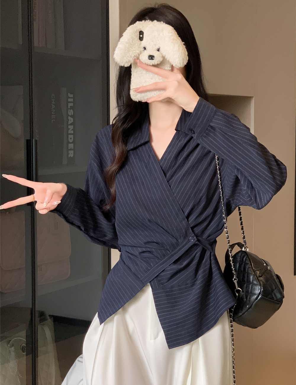 Temperament long sleeve shirt irregular stripe tops