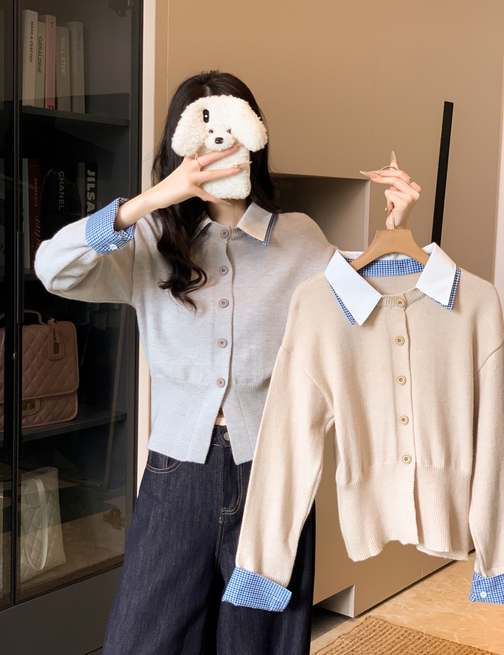 Shirt collar Pseudo-two cardigan splice tops for women
