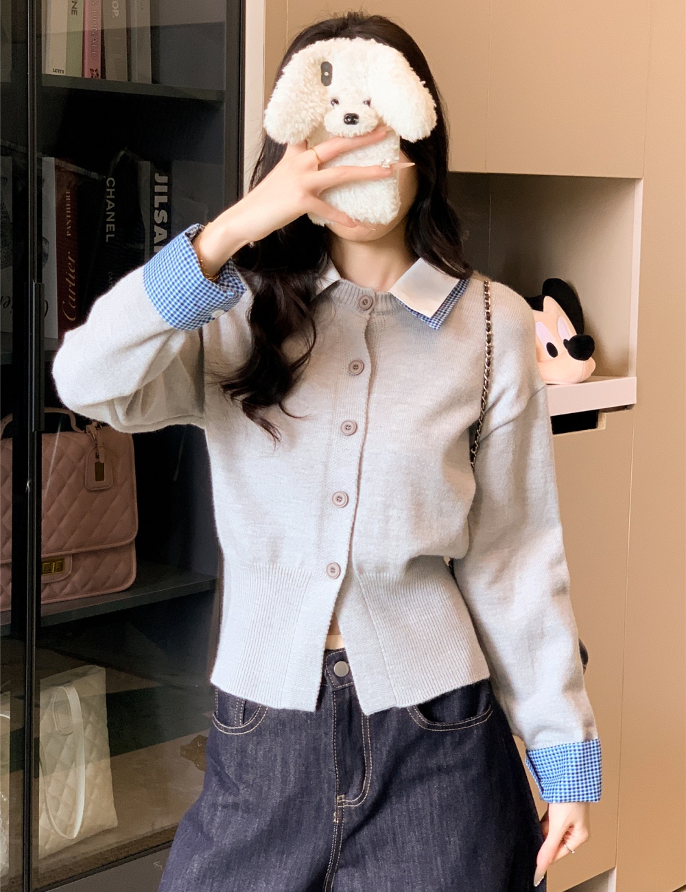 Shirt collar Pseudo-two cardigan splice tops for women