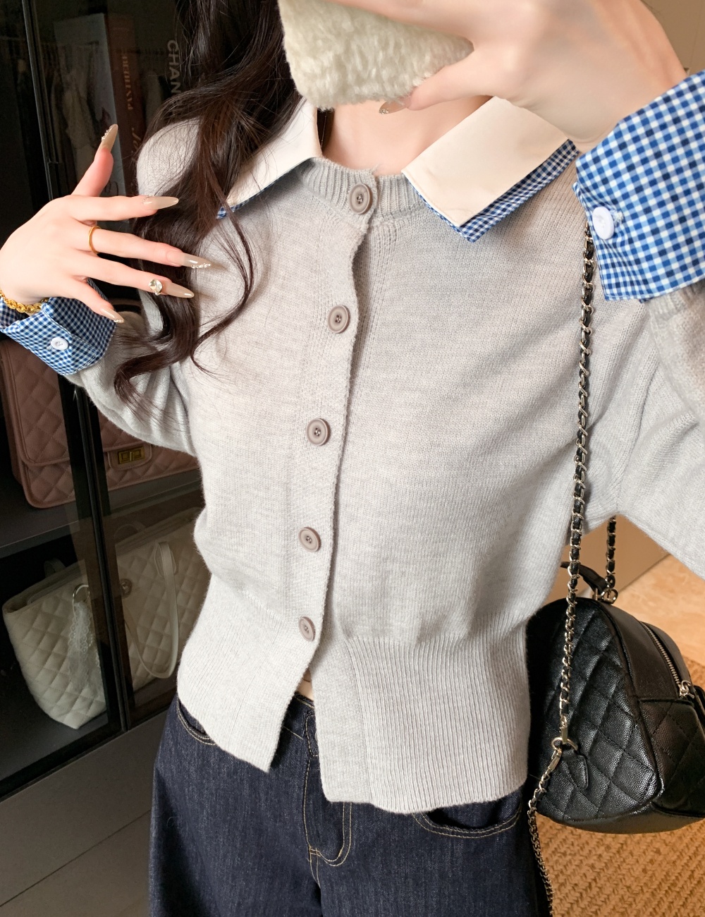Shirt collar Pseudo-two cardigan splice tops for women
