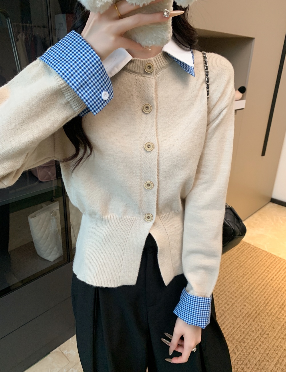 Shirt collar Pseudo-two cardigan splice tops for women