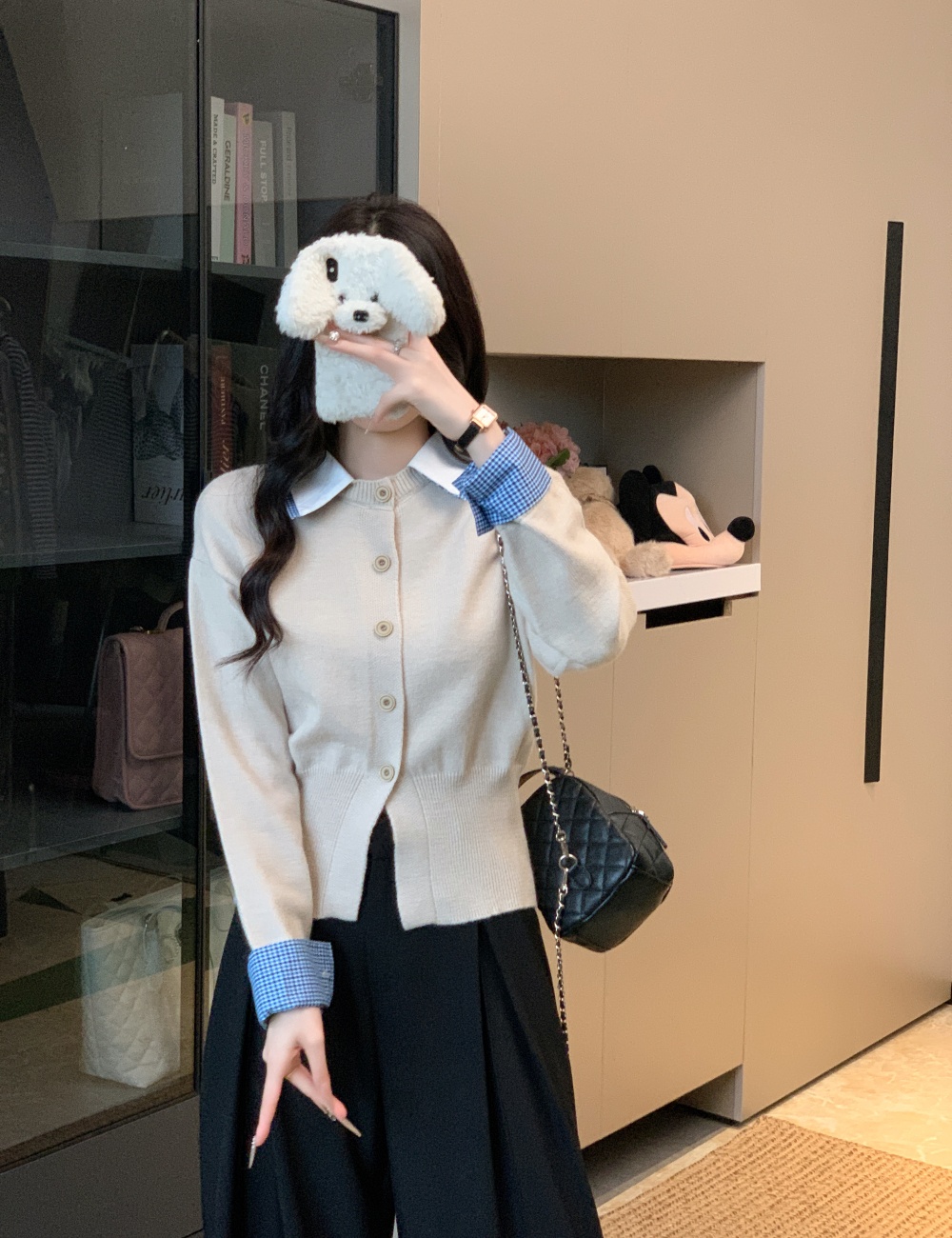 Shirt collar Pseudo-two cardigan splice tops for women