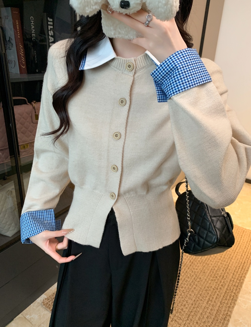 Shirt collar Pseudo-two cardigan splice tops for women