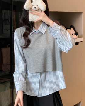 All-match lapel tops splice shirt 2pcs set for women