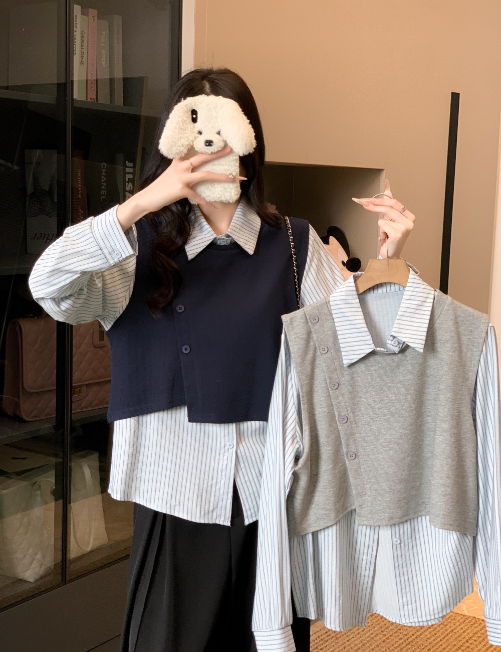 All-match lapel tops splice shirt 2pcs set for women