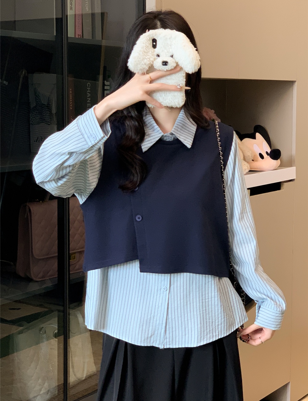 All-match lapel tops splice shirt 2pcs set for women