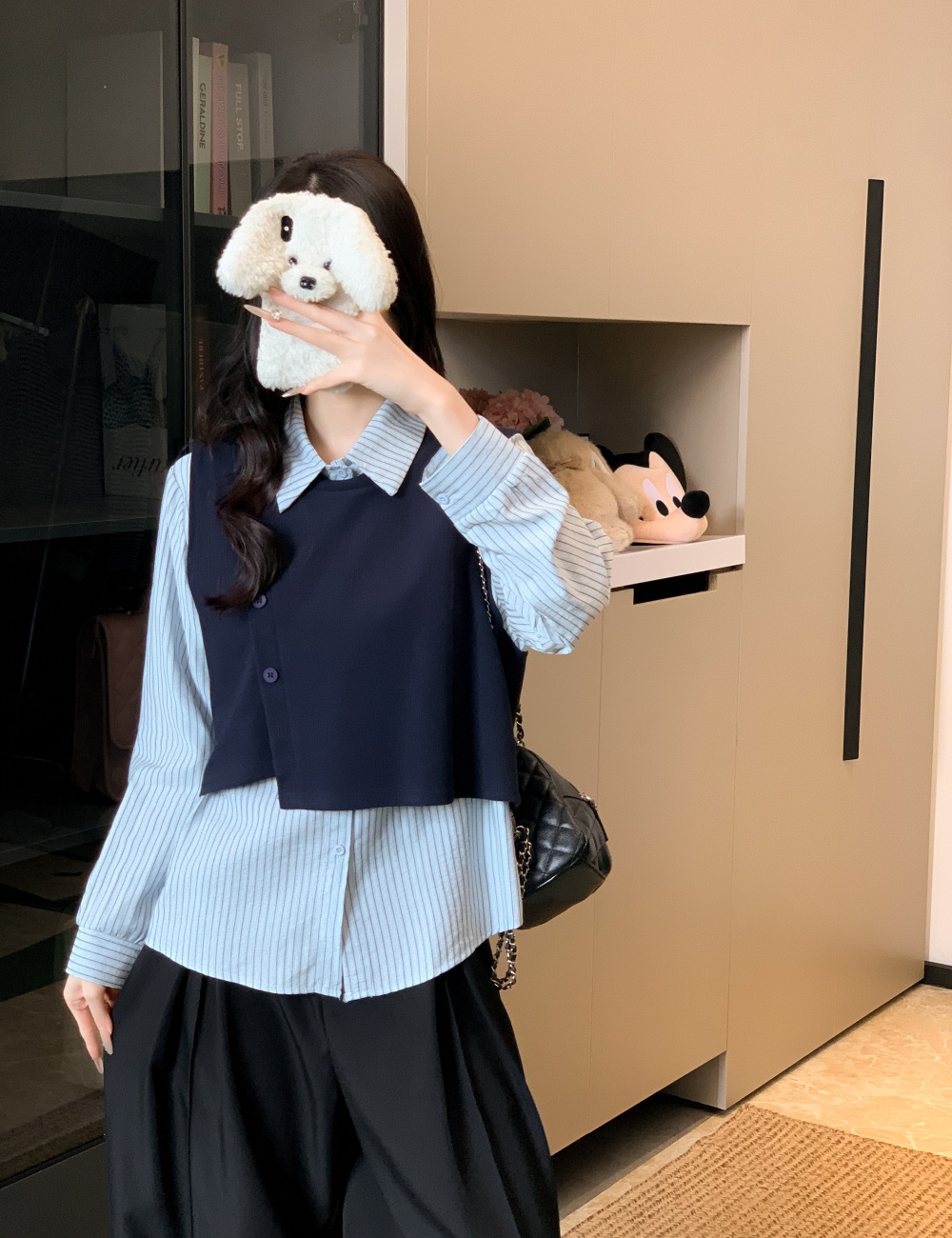 All-match lapel tops splice shirt 2pcs set for women