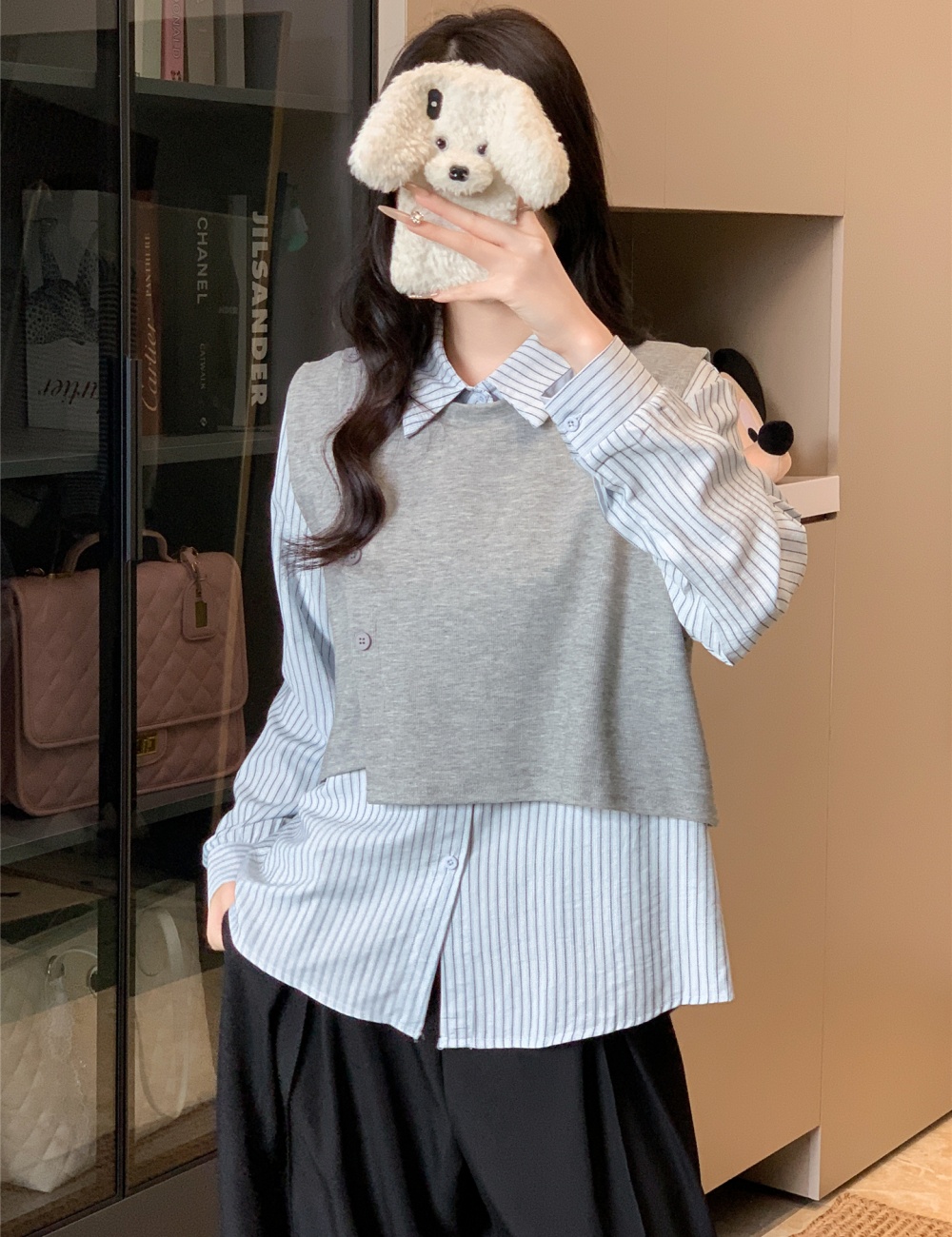All-match lapel tops splice shirt 2pcs set for women