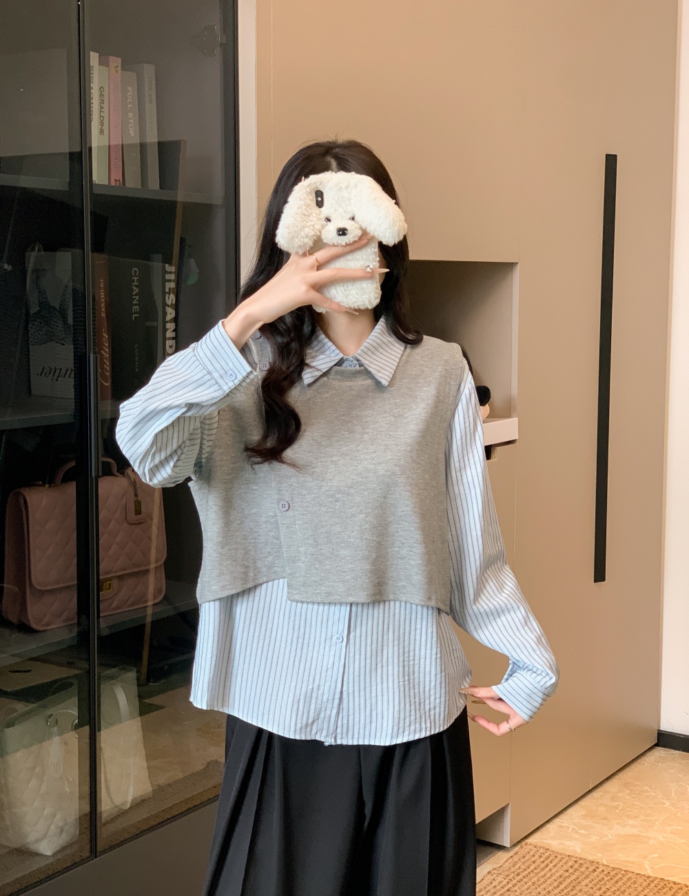 All-match lapel tops splice shirt 2pcs set for women