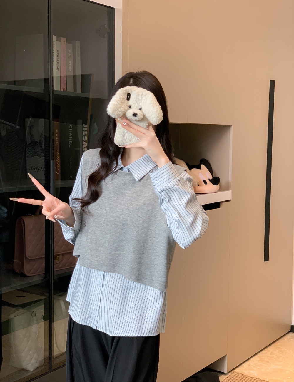 All-match lapel tops splice shirt 2pcs set for women
