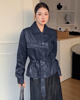 Slim autumn leather coat retro pinched waist tops for women