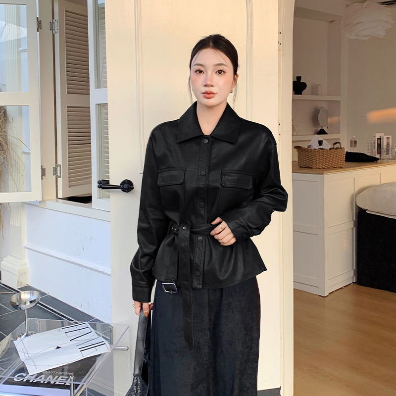 Slim autumn leather coat retro pinched waist tops for women