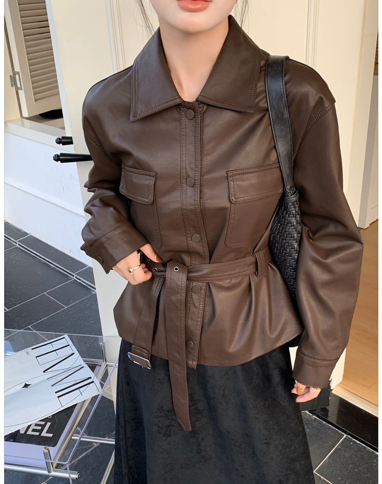 Slim autumn leather coat retro pinched waist tops for women