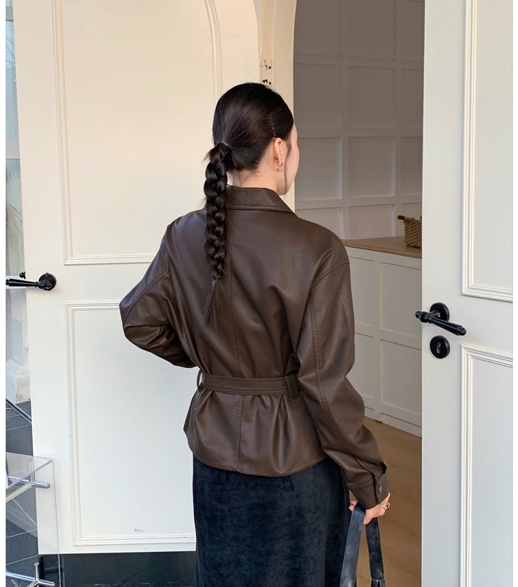 Slim autumn leather coat retro pinched waist tops for women