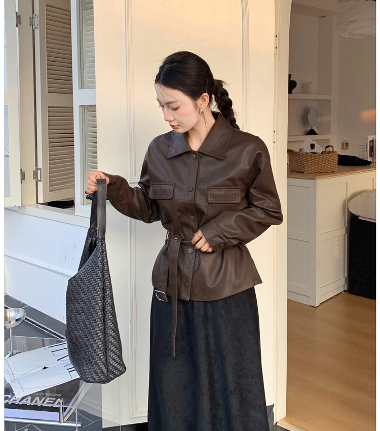 Slim autumn leather coat retro pinched waist tops for women