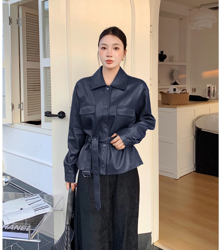 Slim autumn leather coat retro pinched waist tops for women