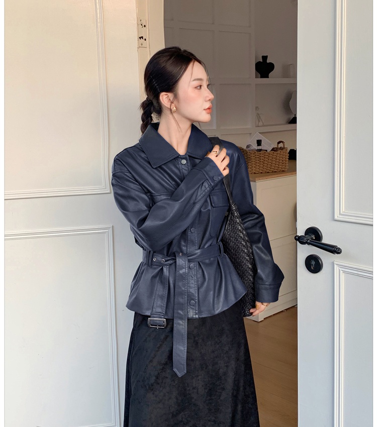 Slim autumn leather coat retro pinched waist tops for women