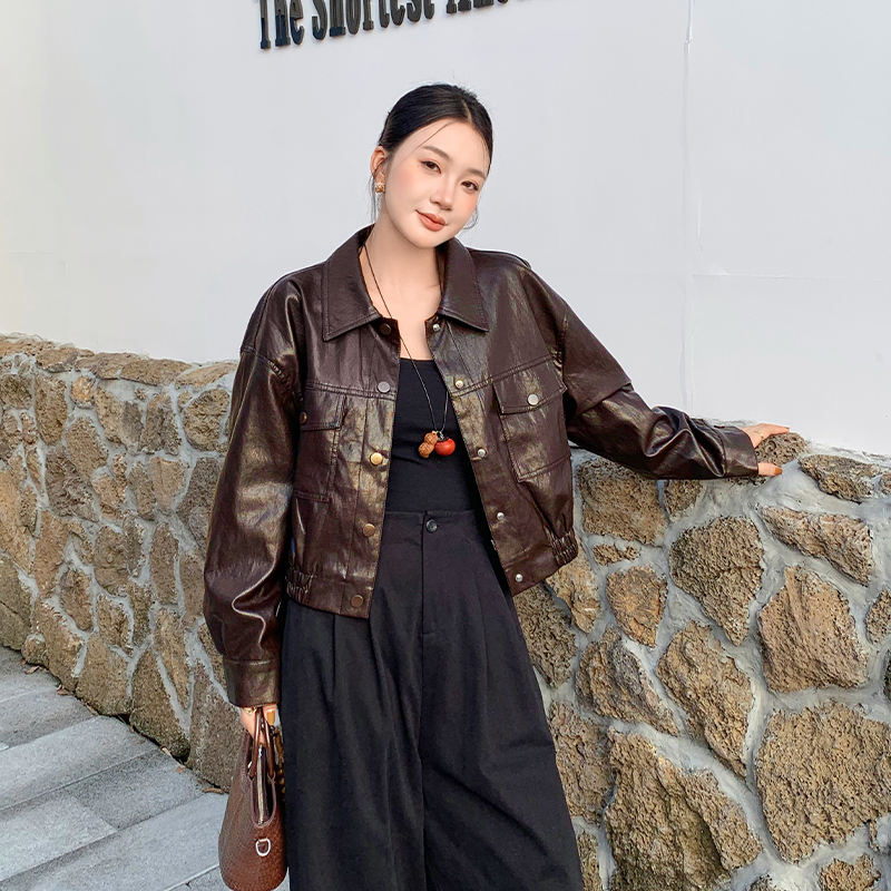 Autumn and winter locomotive tops lapel leather coat
