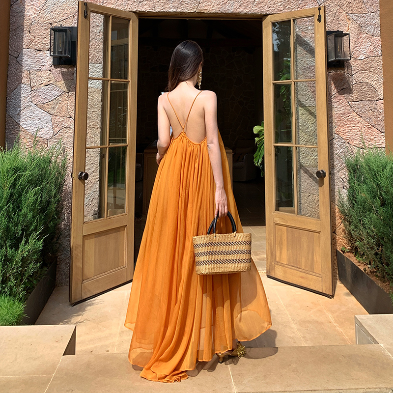 Sling vacation summer dress V-neck temperament long dress