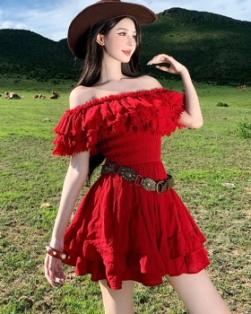 Vacation flat shoulder red dress lotus leaf edges sexy T-back