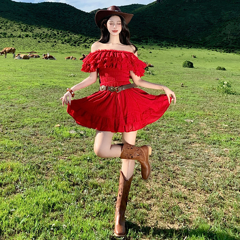 Vacation flat shoulder red dress lotus leaf edges sexy T-back