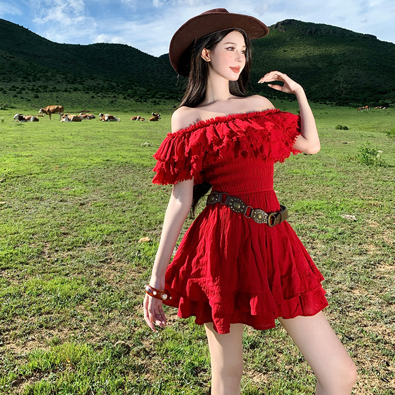 Vacation flat shoulder red dress lotus leaf edges sexy T-back