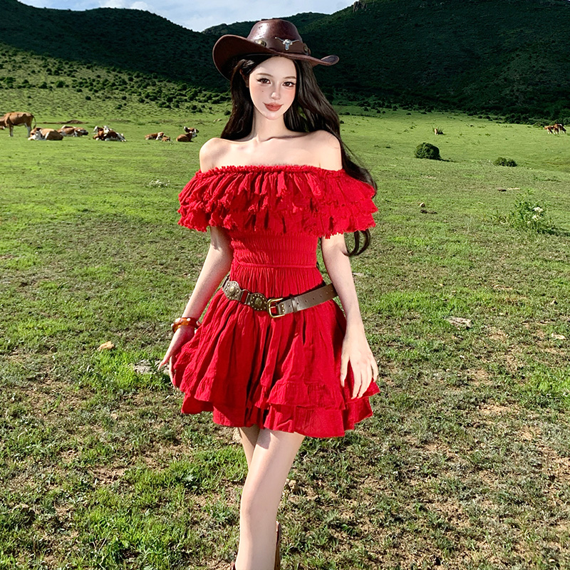 Vacation flat shoulder red dress lotus leaf edges sexy T-back