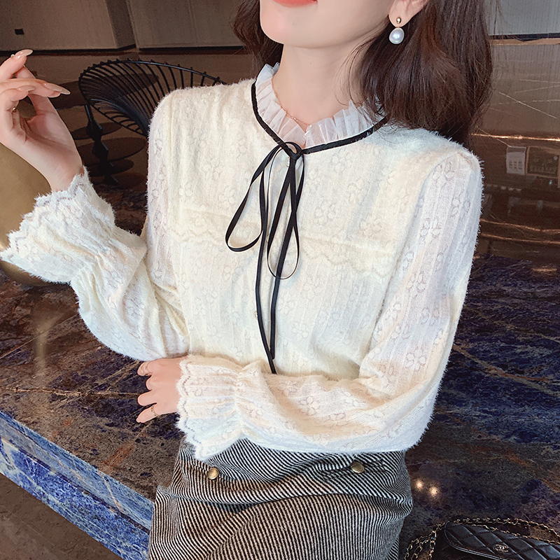 Lace plus velvet thick shirts long sleeve autumn small shirt