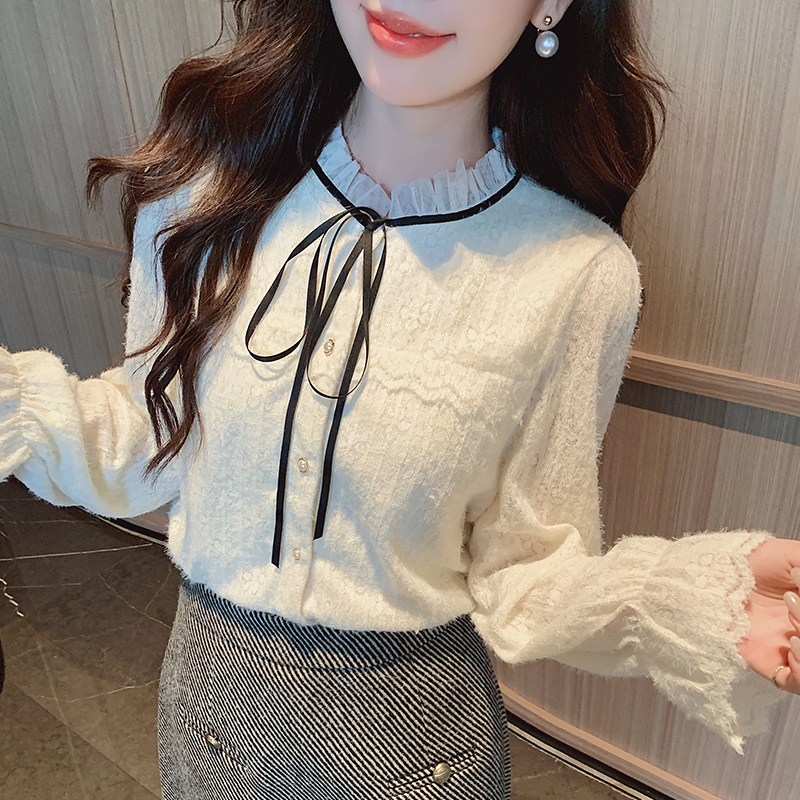 Lace plus velvet thick shirts long sleeve autumn small shirt