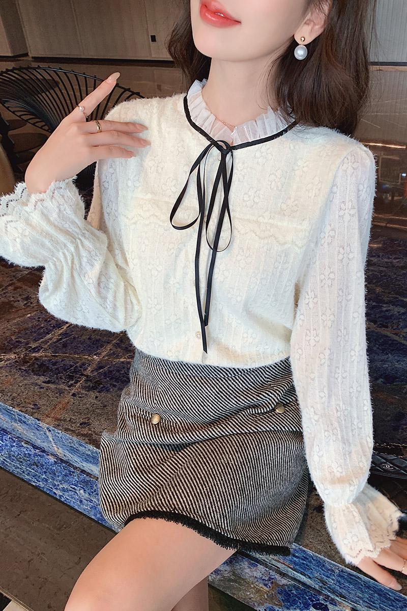 Lace plus velvet thick shirts long sleeve autumn small shirt