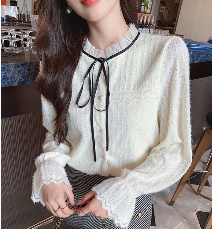 Lace plus velvet thick shirts long sleeve autumn small shirt