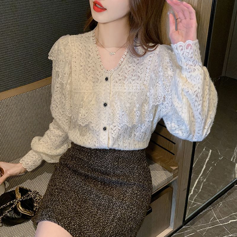 Lace Korean style bottoming shirt all-match V-neck shirts