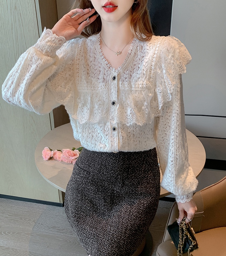Lace Korean style bottoming shirt all-match V-neck shirts