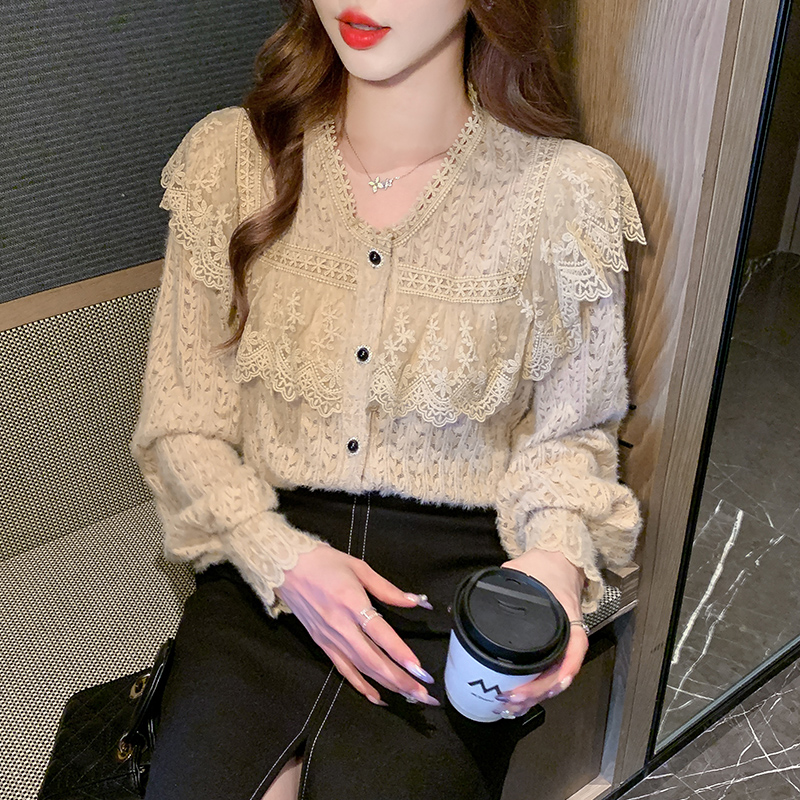 Lace Korean style bottoming shirt all-match V-neck shirts
