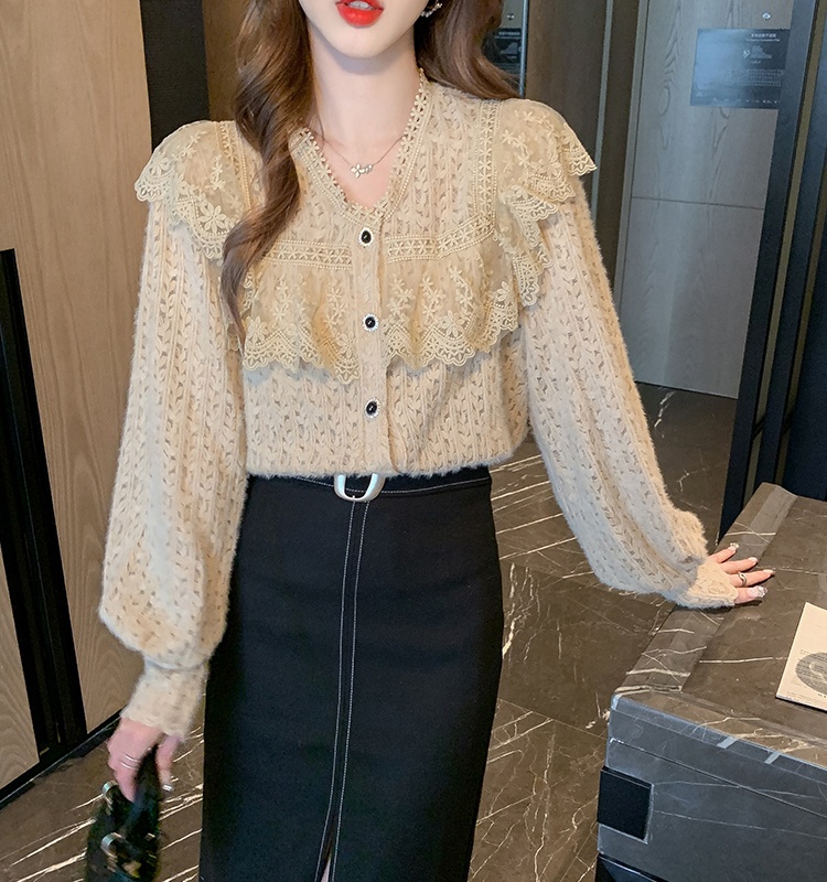 Lace Korean style bottoming shirt all-match V-neck shirts
