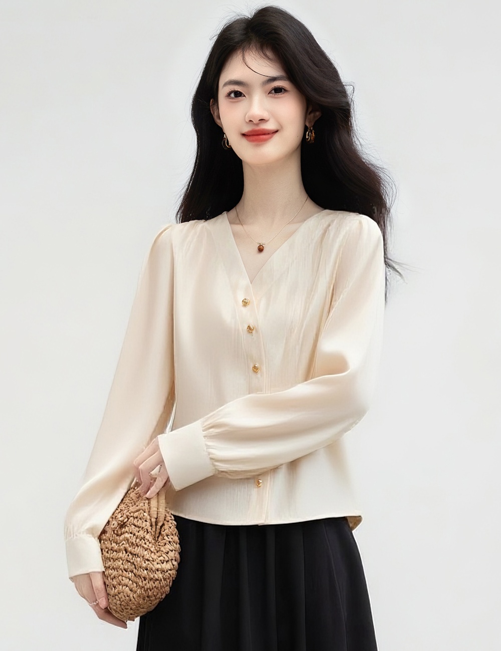 Chanelstyle splice V-neck shirt straight metal tops