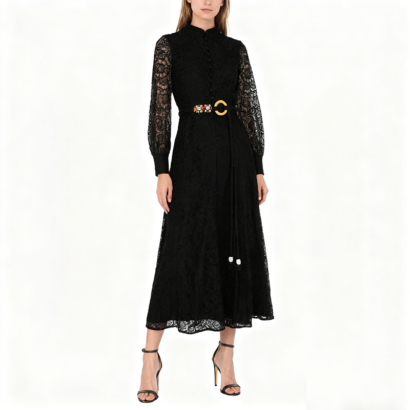 Cstand collar retro long with belt autumn lace dress