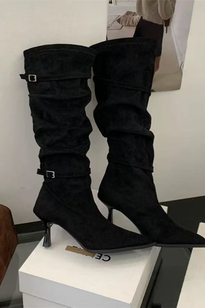Belt buckle France style boots pointed thigh boots for women