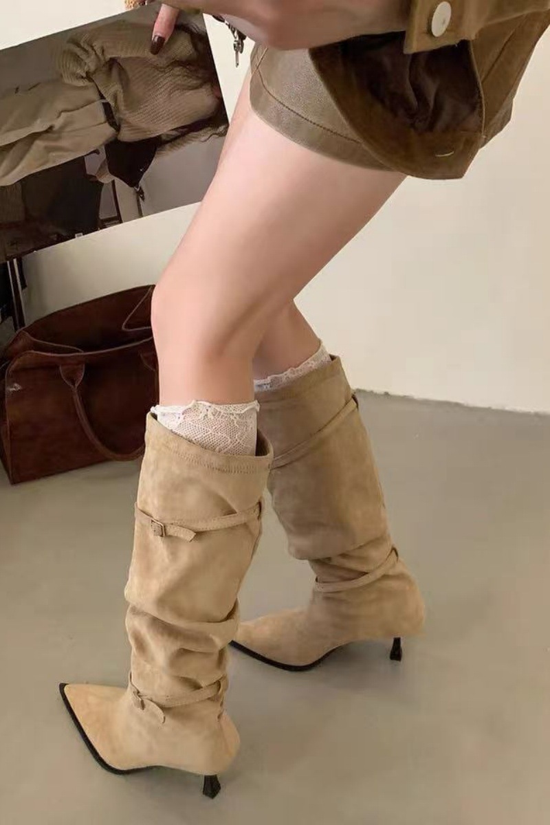 Belt buckle France style boots pointed thigh boots for women